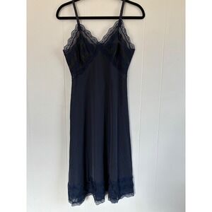 Vintage Luxite by Kayser Navy‎ Blue Fairy Grunge  Lace Trim Full Slip Dress 34